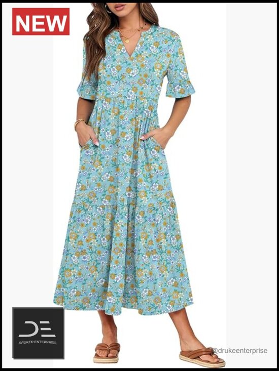 Dresses & Skirts - Ruffle Short Sleeve Maxi Dress, V-Neck Tiered with Pockets, Flowey Summer Dress